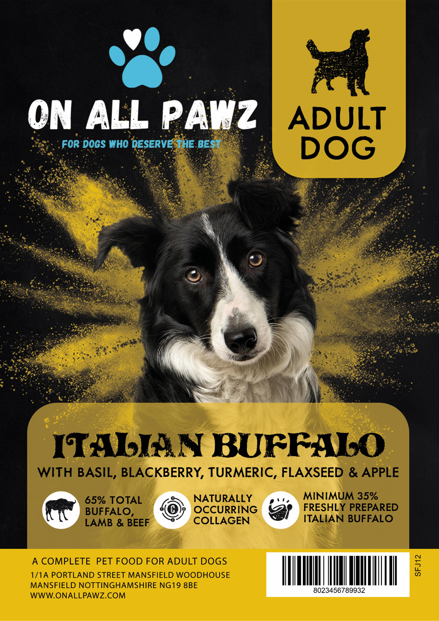 Dog food package for adult dogs with a black and white dog on a yellow and black background