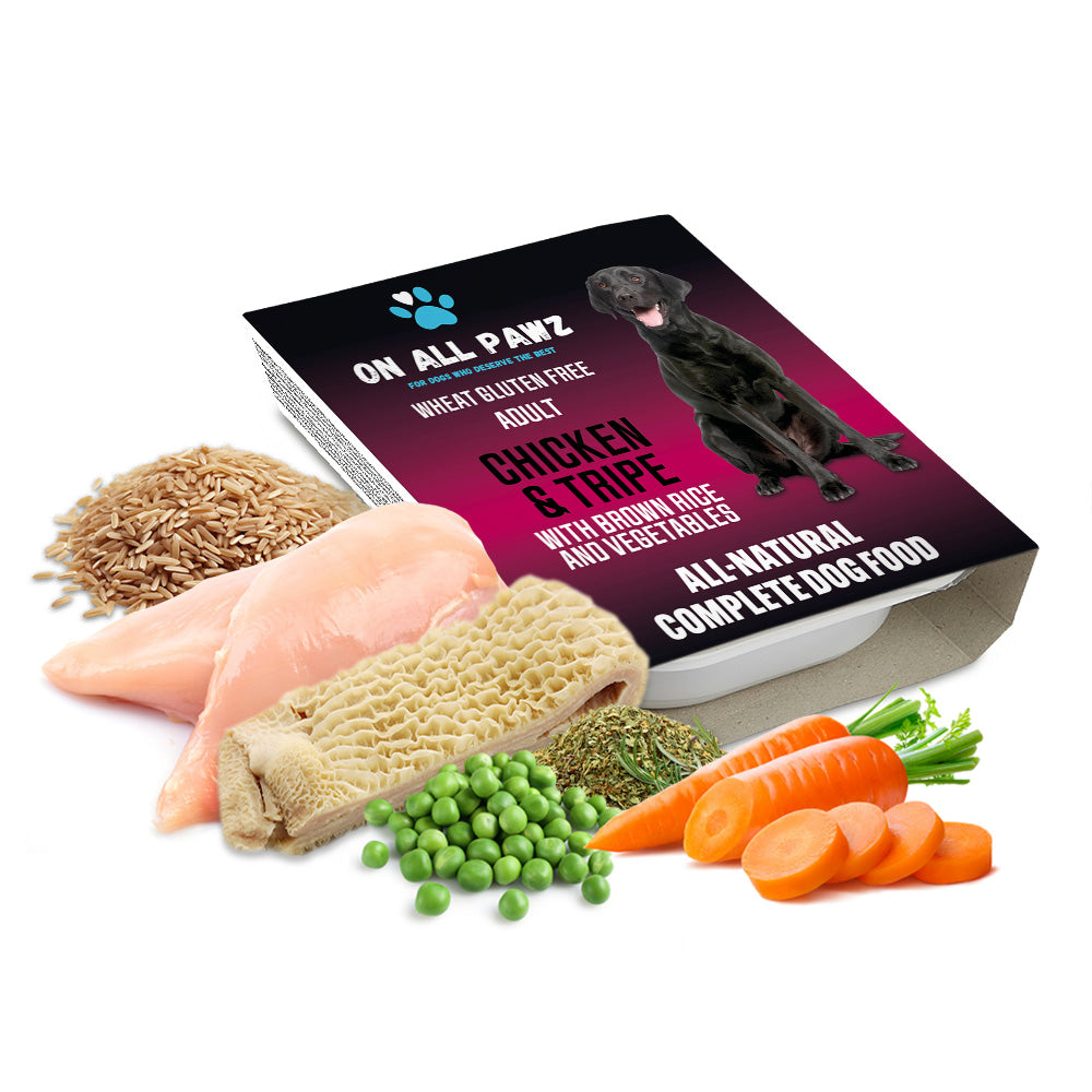 Dog food packaging with ingredients like chicken, rice, carrots, and peas on a white background