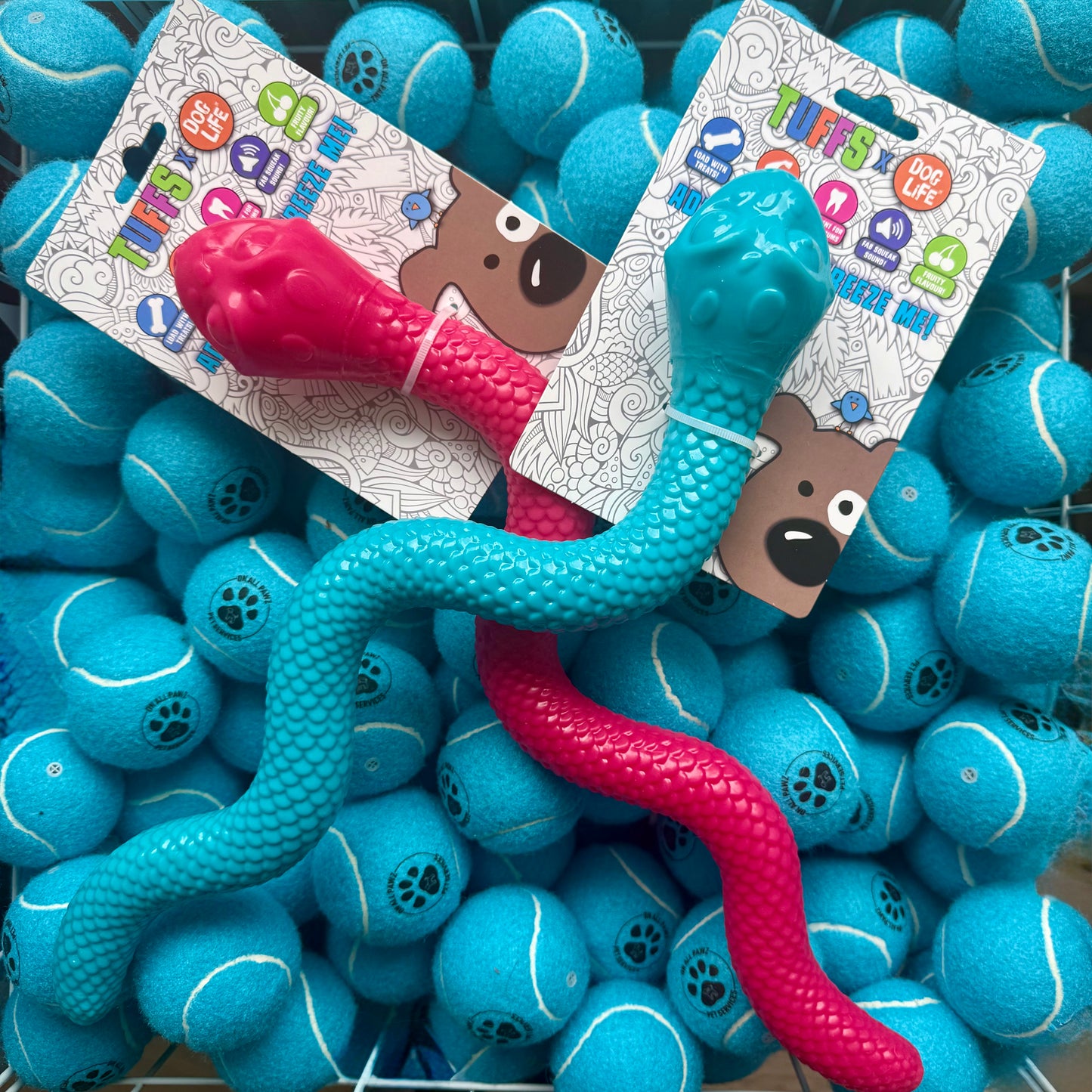 Teal and pink snake toy with packaging on a background of blue balls