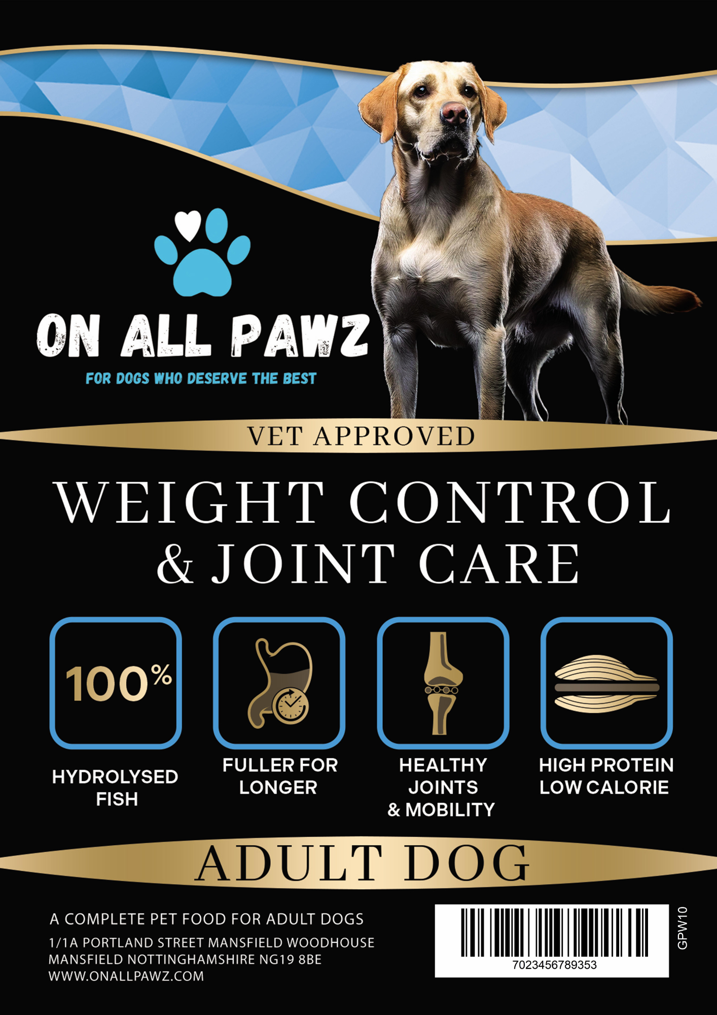 Dog food package for weight control and joint care with a dog on the label.