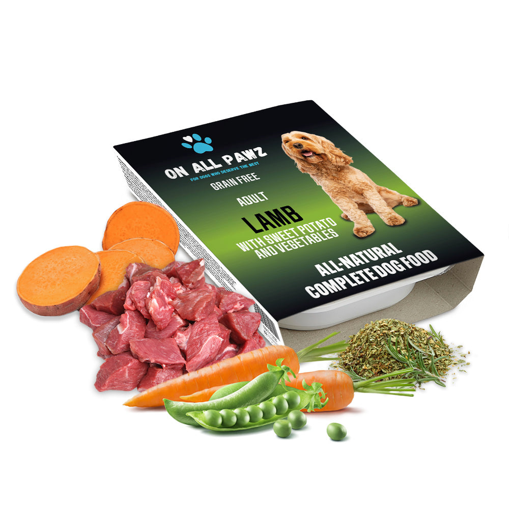 Dog food packaging with ingredients on a white background