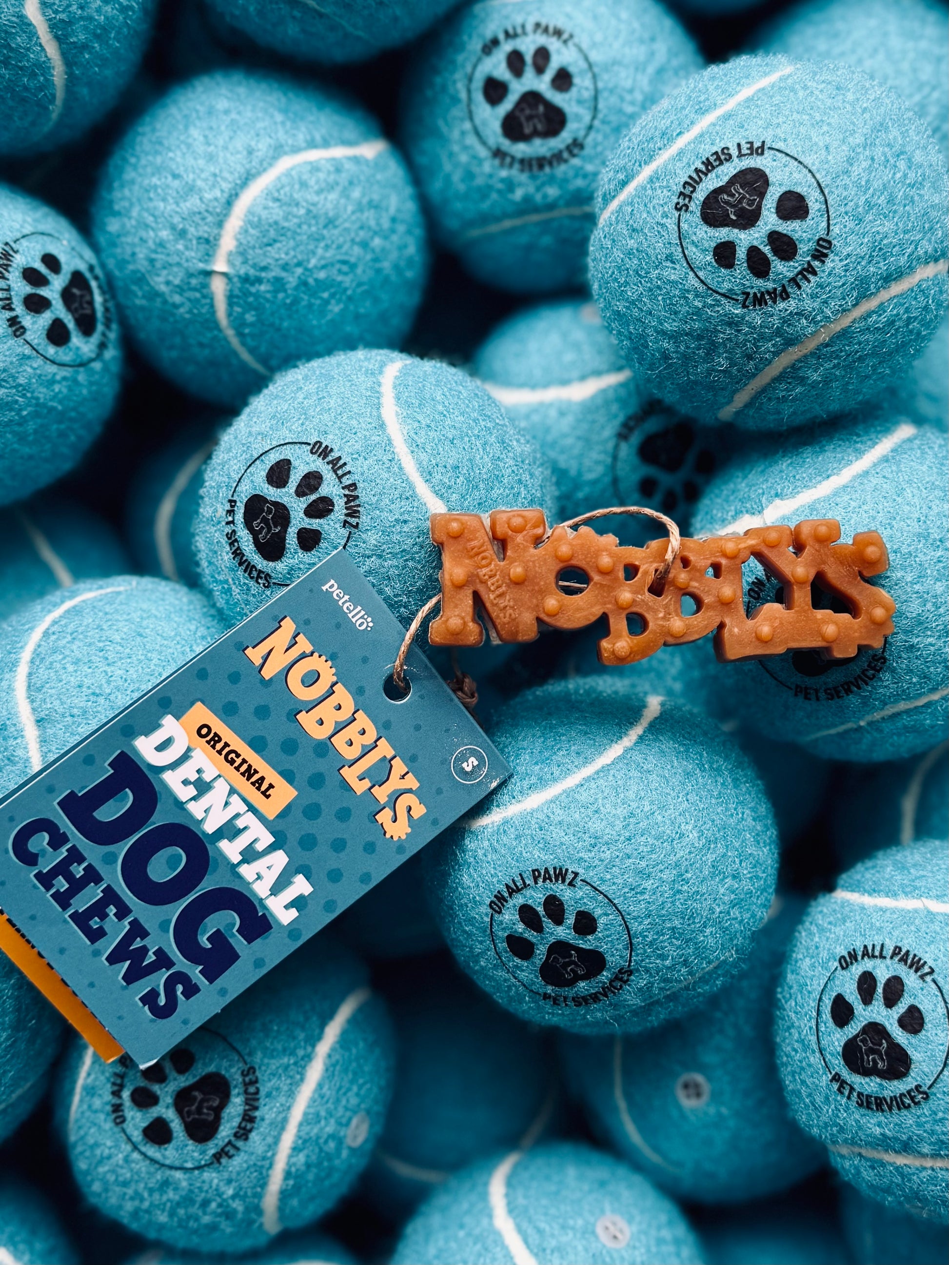 A close-up of blue tennis balls with 'NOBBY'S' branding, indicating they are used for dental health and fresh breath for dogs.