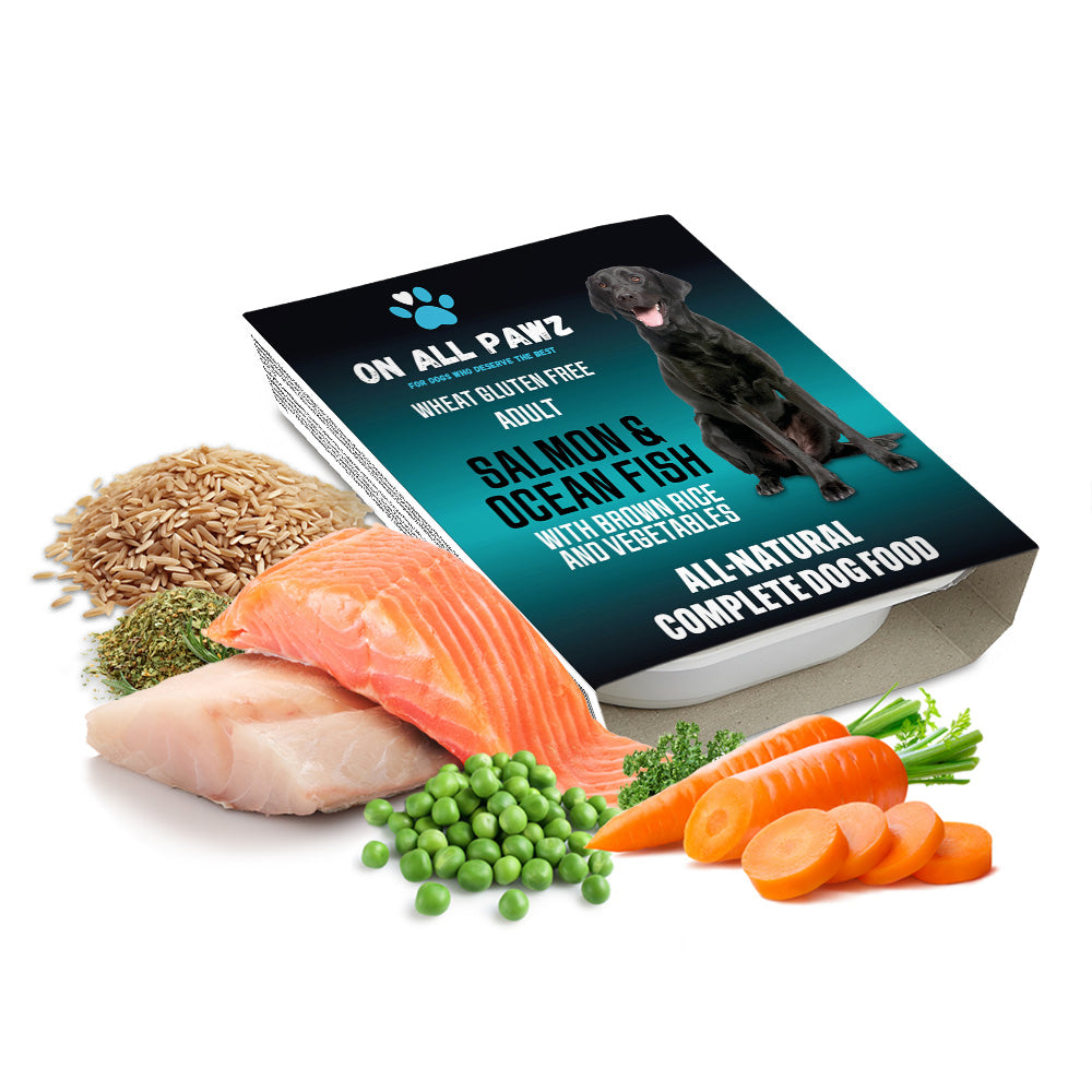 Dog food package with ingredients like salmon, rice, and vegetables on a white background