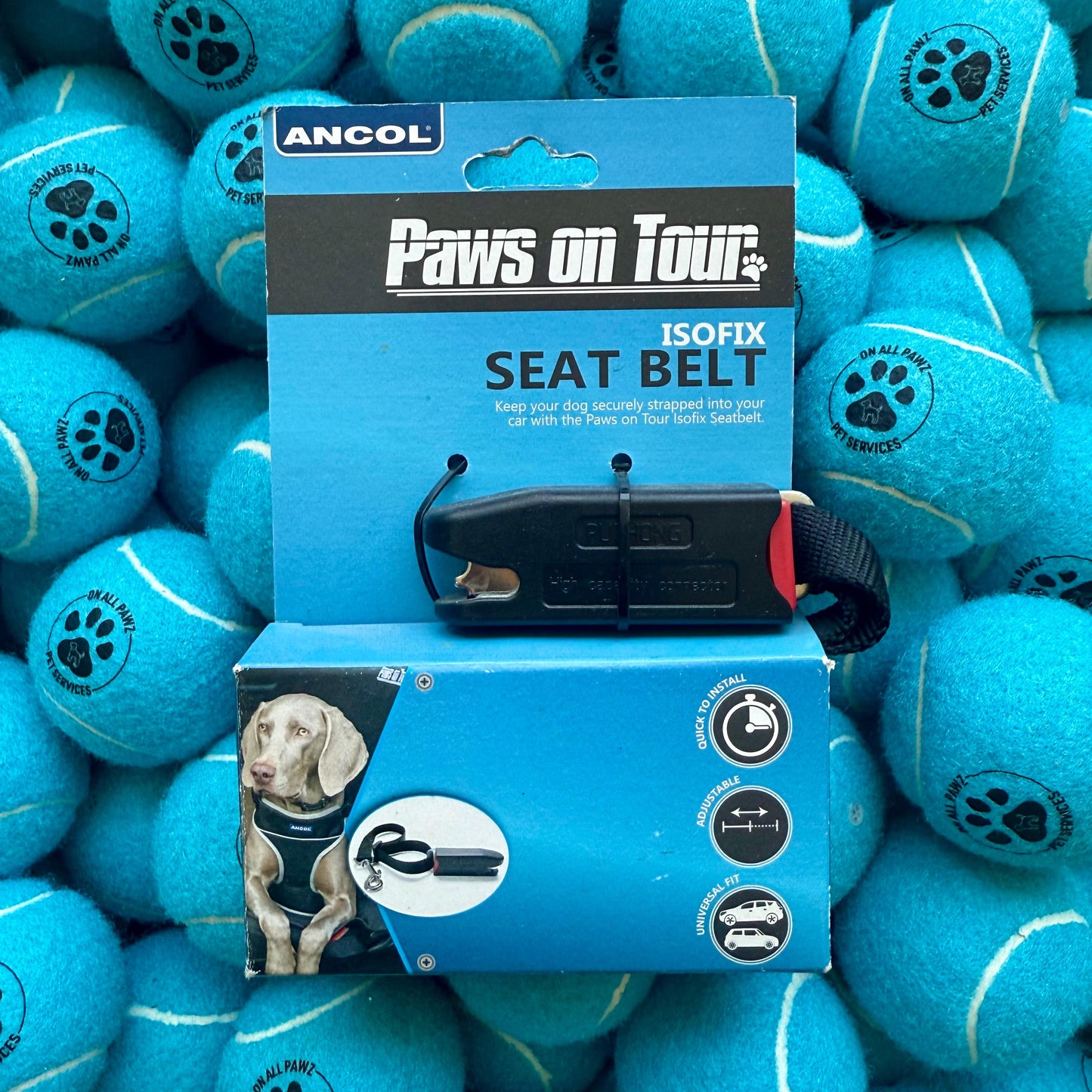 Ancol Paws on Tour seat belt packaging surrounded by blue tennis balls with paw prints.