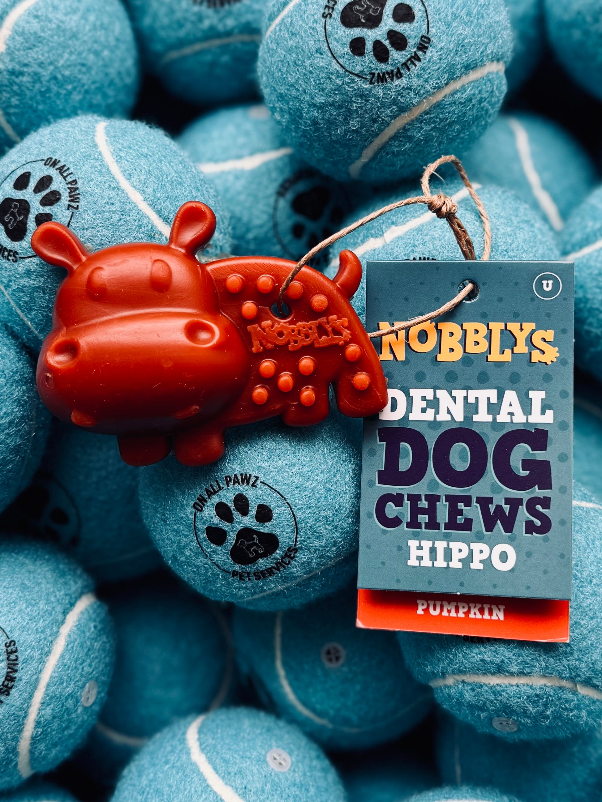 A hippo-shaped dog treat with pumpkin flavor, displayed on a tag among blue tennis balls.