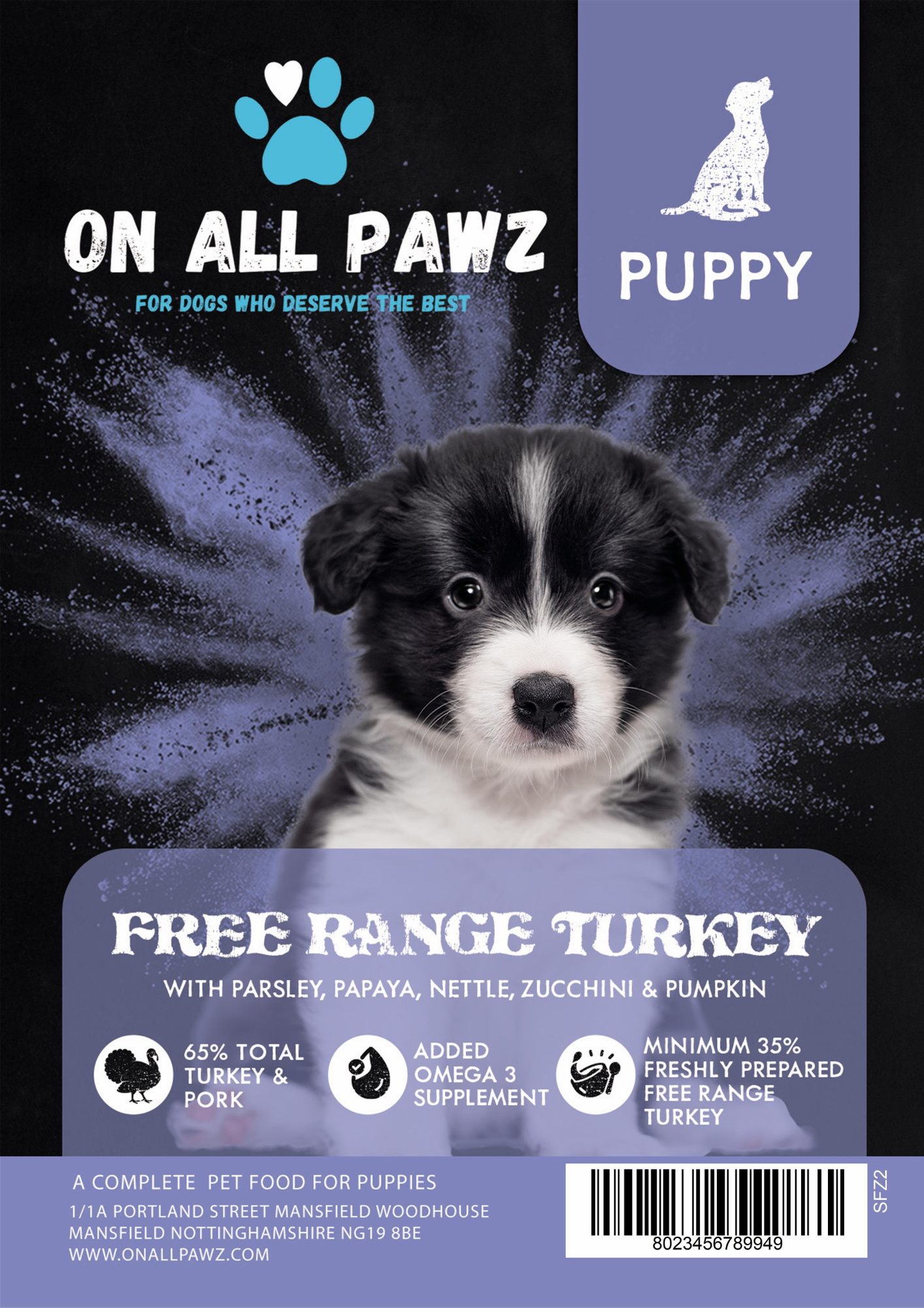 Dog food package for puppies with a black and white puppy on a dark background