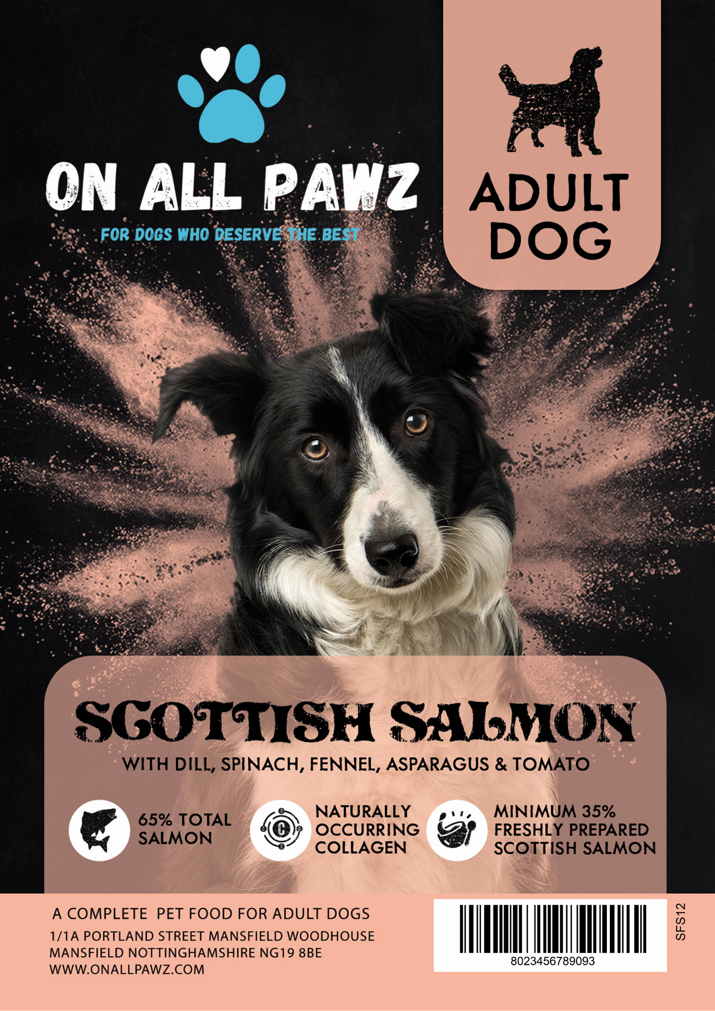 Dog food package with a black and white dog, 'On All Pawz' branding, and Scottish Salmon flavor details.