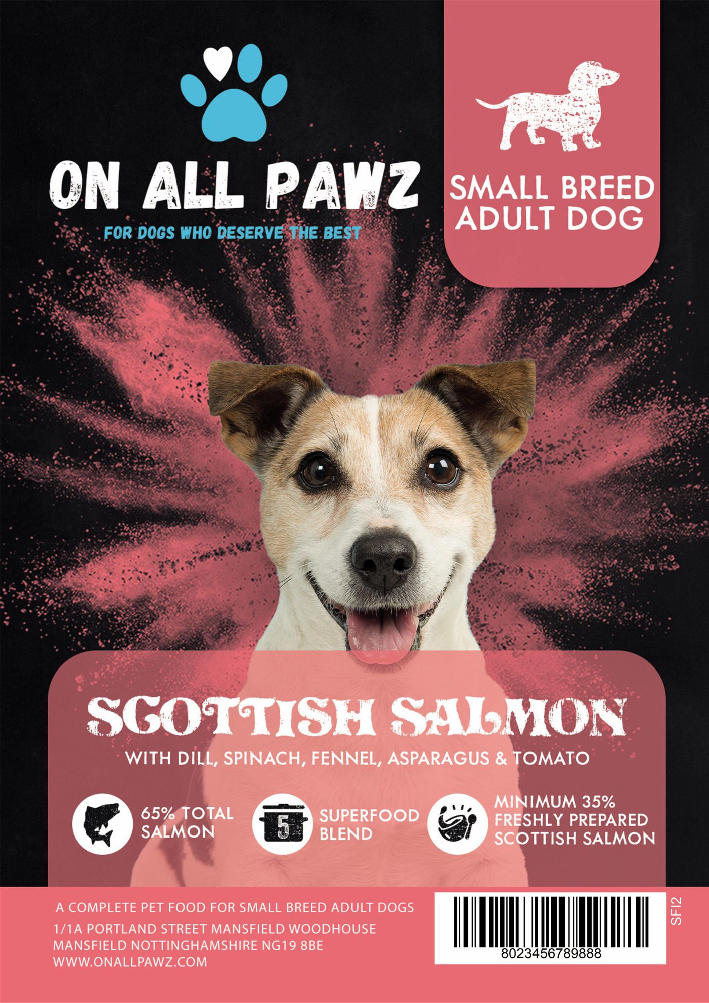 Dog food package for small breed adult dogs with Scottish Salmon flavor on a red and black background.