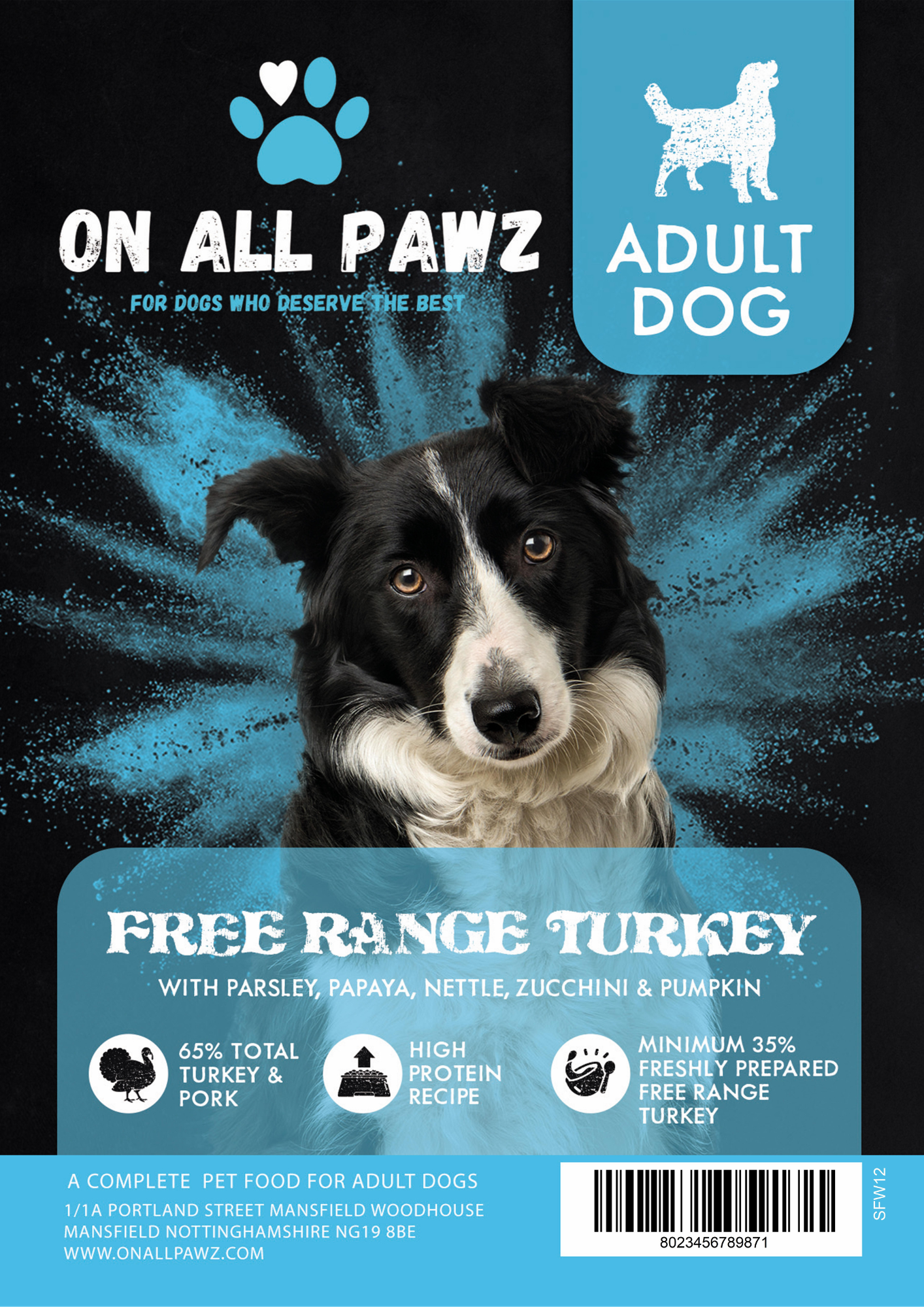 Dog food package with a black and white dog on a blue and black background, featuring 'On All Paws' branding.