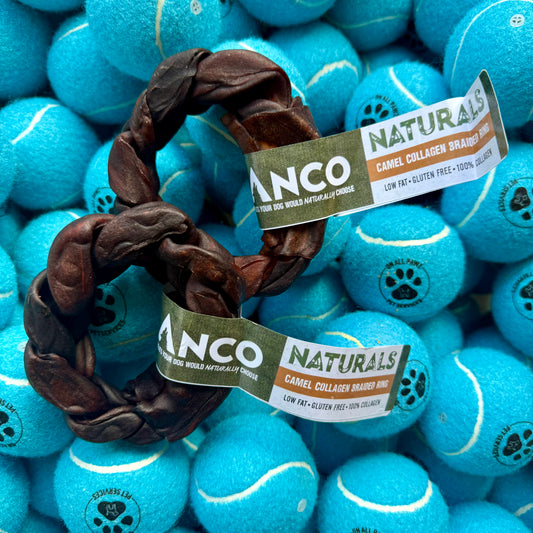 Brown dog toy with 'Anco Naturals' label on a background of blue tennis balls.
