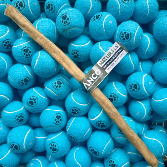 Blue tennis balls with a wooden handle and Ancol Naturals label on a pile of balls.