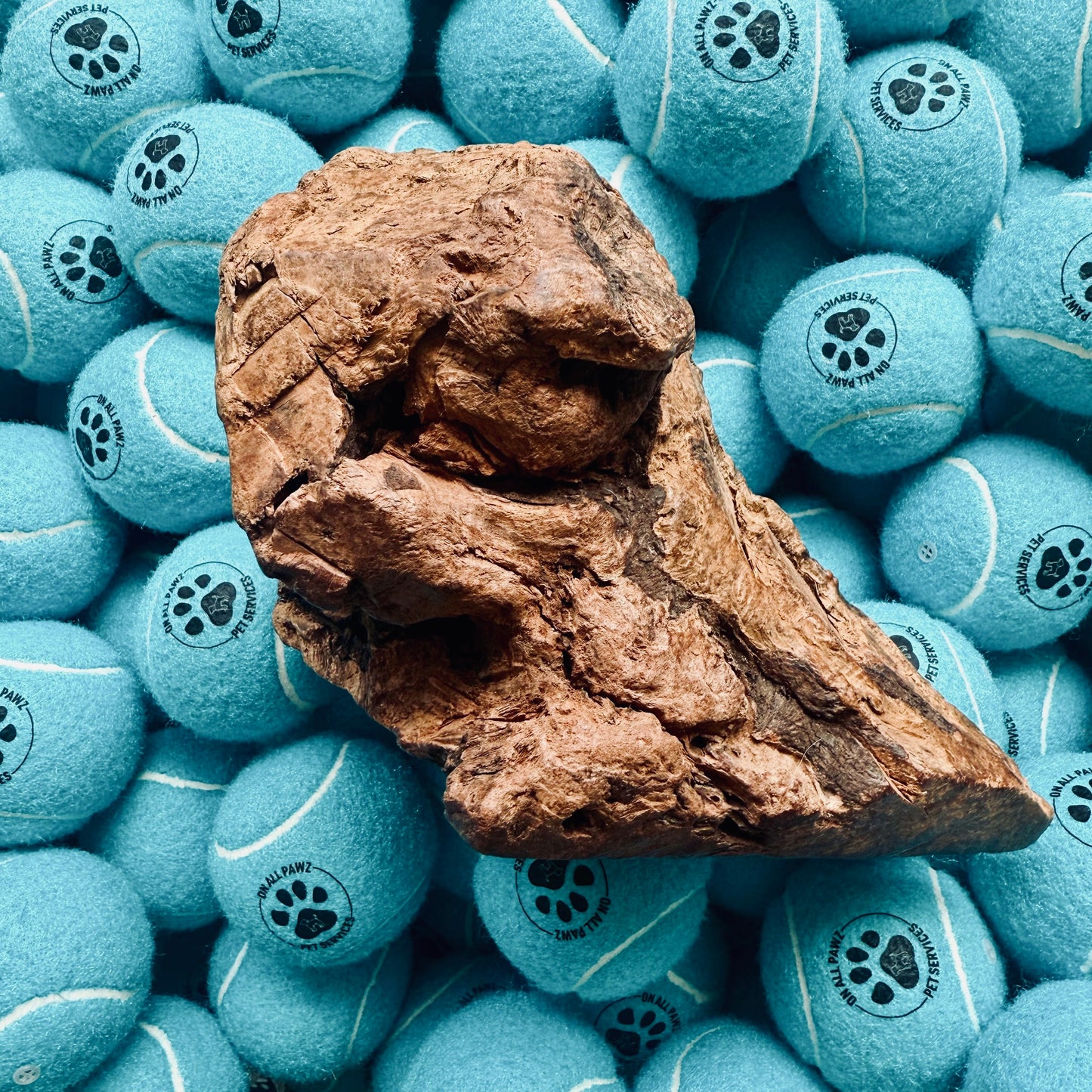 Large piece of wood on a background of blue tennis balls with paw prints.