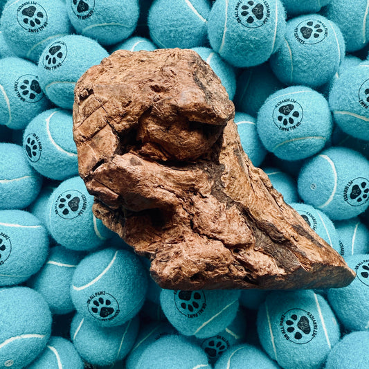 Large piece of wood on a background of blue tennis balls with paw prints.