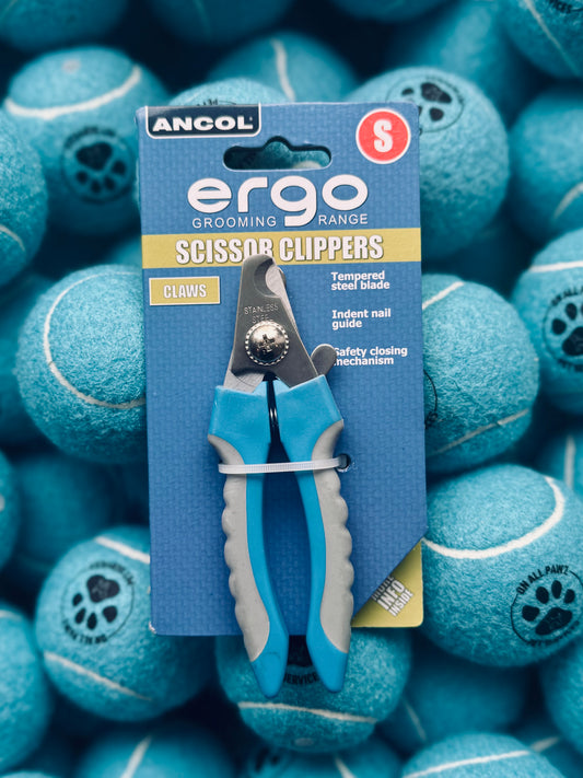 A package of Ancol Ergo Small Nail Clipper in blue color, designed for small pets, displayed against a backdrop of pet toys.