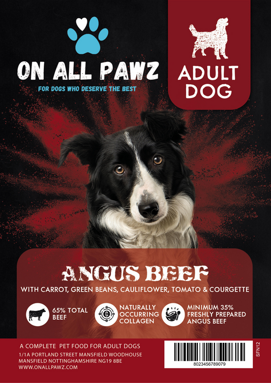 Dog food package with a black and white dog on a red and black background, featuring 'On All Pawz' branding.