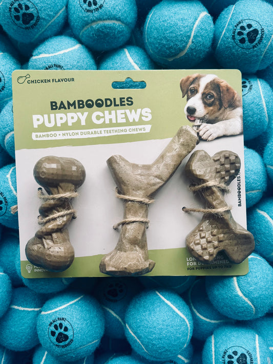 Bamboodles Puppy Chews packaging with dog illustration surrounded by blue tennis balls