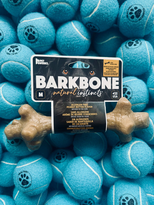 Barkbone natural instincts dog chew toy with blue tennis balls