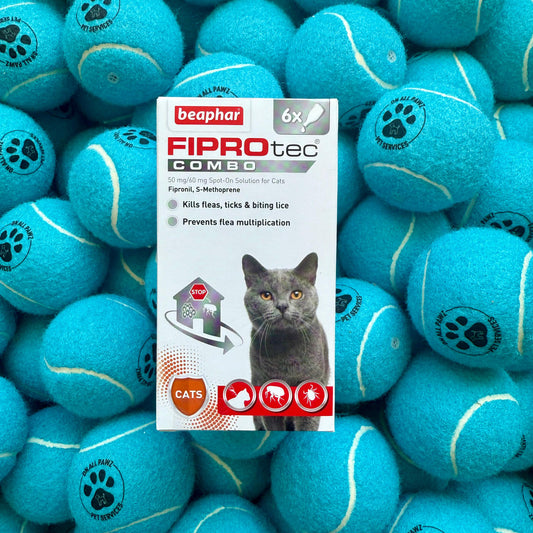 Beaphar Fiprotec Combo packaging with a pile of blue tennis balls featuring paw prints.