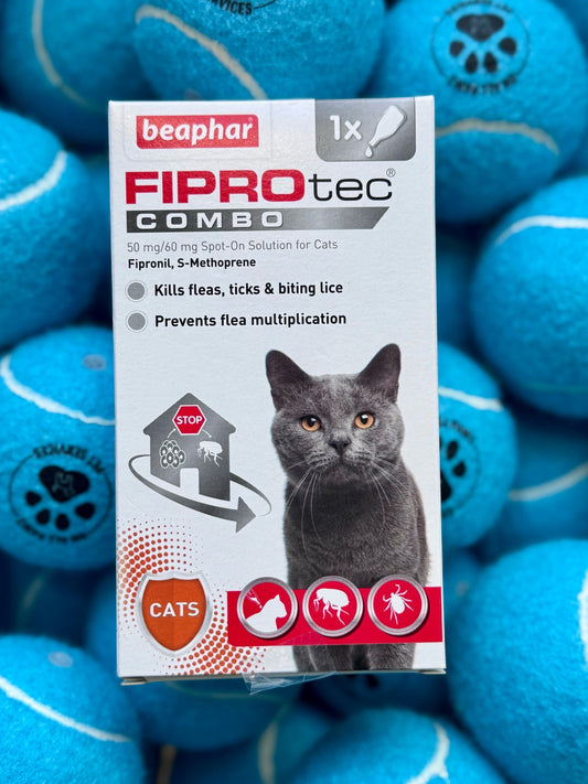 Packaging of Beaphar Fiprotec Combo for Cats with a picture of a cat and details about the product's purpose for flea and tick protection.