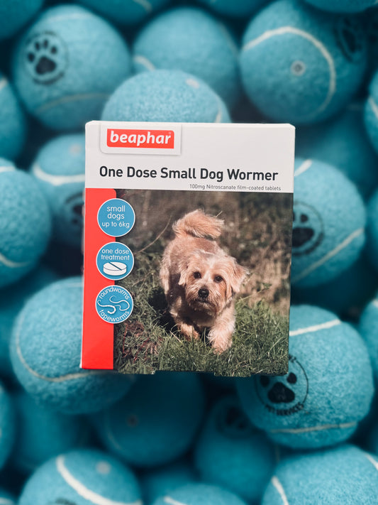 Packaging of Beaphar One Dose Small Dog Wormer with a picture of a small dog on the front, surrounded by blue pills.