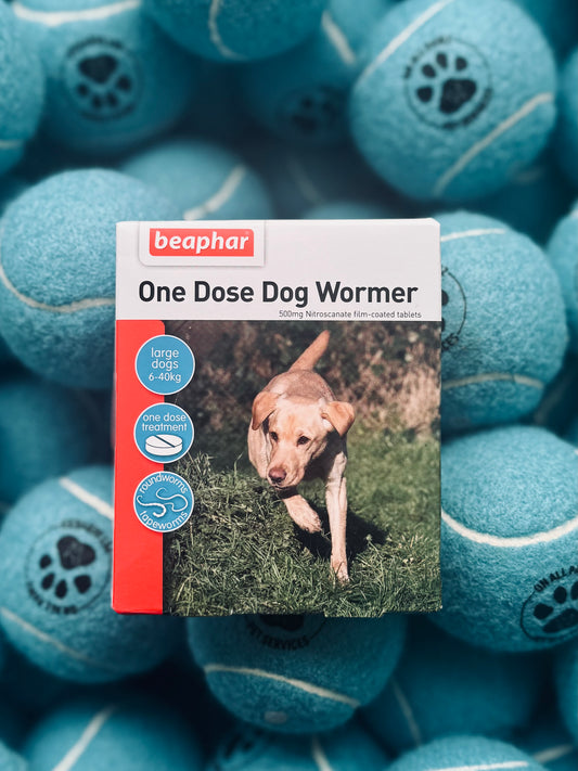 Packaging of Beaphar One Dose Dog Wormer with a background of blue dog treats; the package shows a picture of a yellow labrador retriever and details about the product.