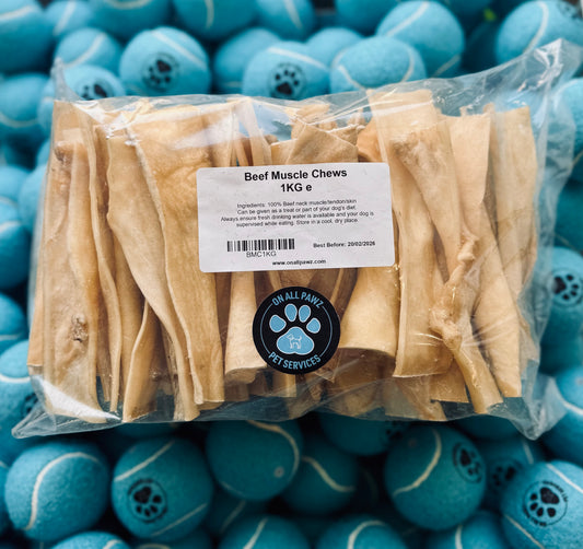 Packaged Beef Muscle Chews dog treat inside a clear plastic bag, with product labeling visible.