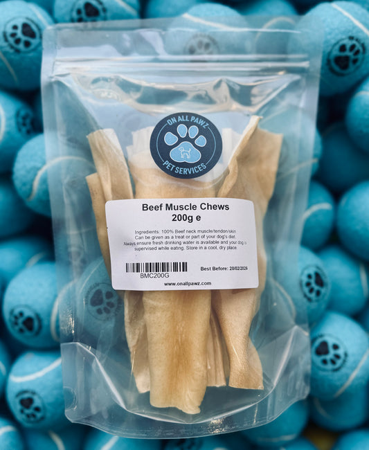 Packaged Beef Muscle Chews for dogs displayed against a background of dog treats.