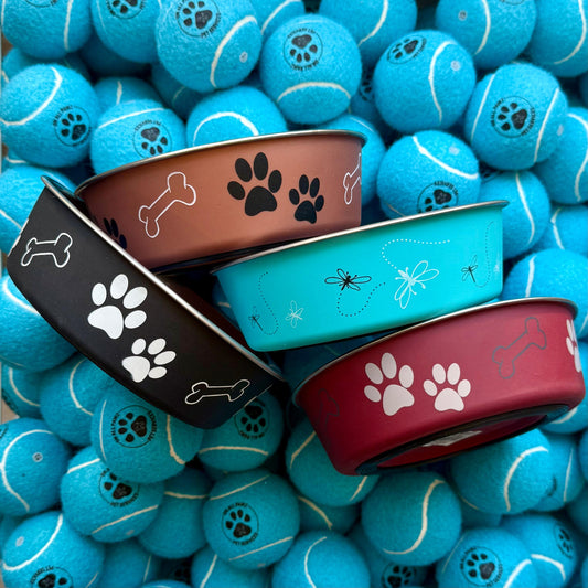Dog bowls with paw and bone designs on a background of blue tennis balls.
