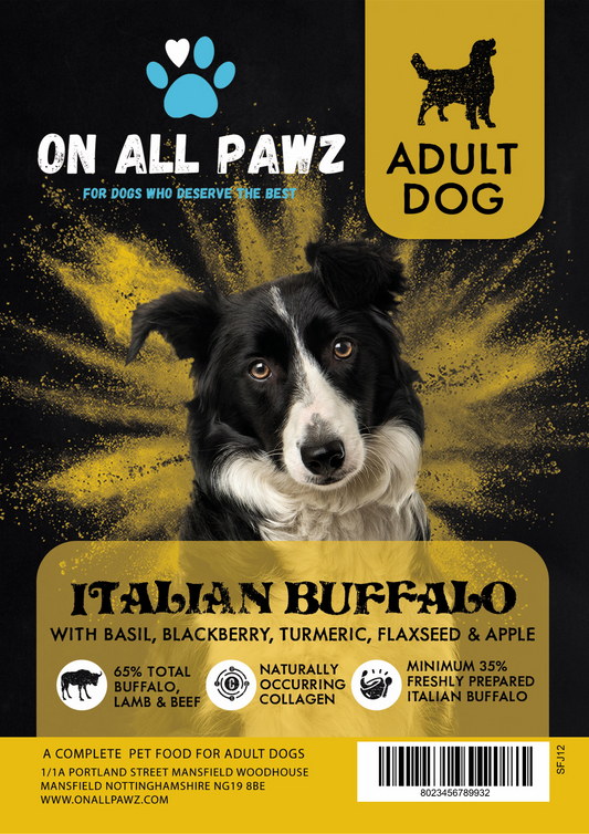 Dog food package for adult dogs with a black and white dog on a yellow and black background