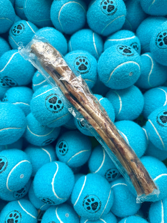 A packaged Bull Pizzle dog treat lying on a surface with blue tennis balls, each embossed with a paw print design.