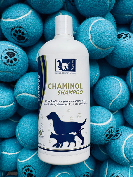 TRM Chaminol Shampoo bottle surrounded by blue tennis balls with paw prints.