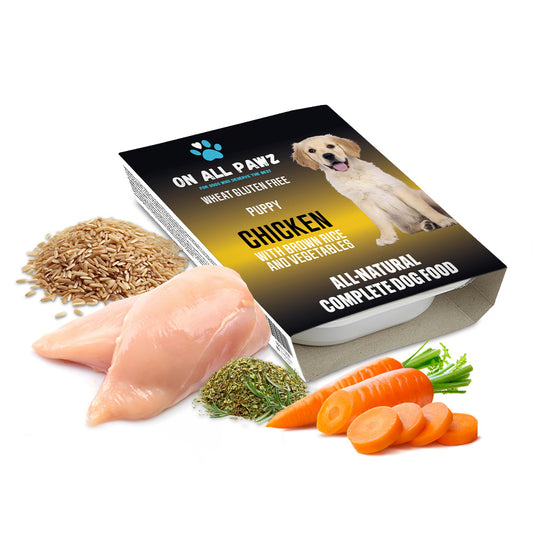 Box of On All Pawz puppy chicken dog food with ingredients on a white background