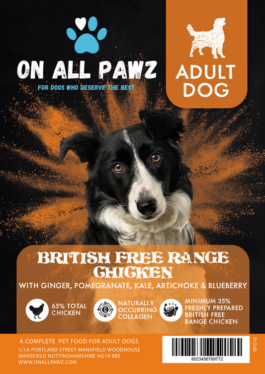 Dog food packaging with a black and white dog on an orange and brown background