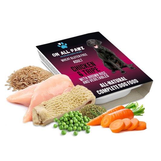 Dog food packaging with ingredients like chicken, rice, carrots, and peas on a white background