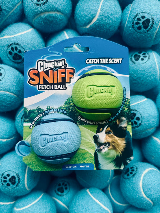 Chuckit! Sniff Fetch Ball packaging surrounded by blue tennis balls