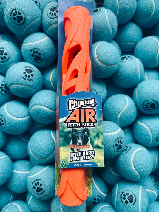 Chuckit! Air Fetch Stick with blue tennis balls on a blue background