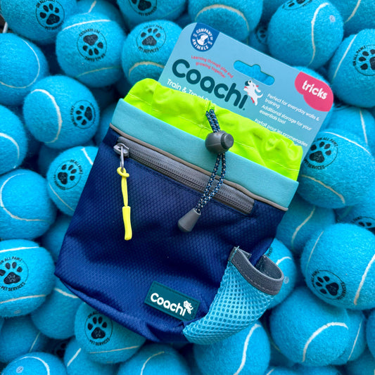 Blue pouch with a green interior, 'Coachi' branding, and tennis balls in the background