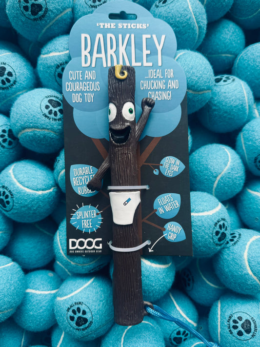 Dog toy with packaging labeled 'Barkley' surrounded by blue tennis balls.