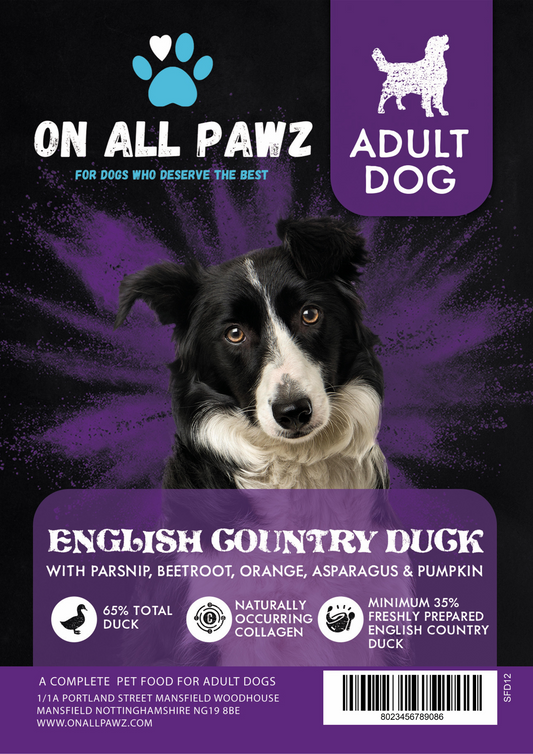 Dog food package for adult dogs with a black and white dog on a purple background