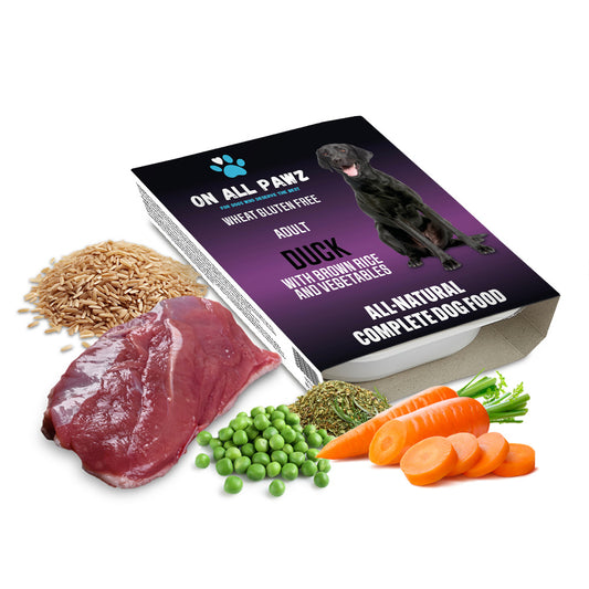 Dog food package with ingredients like meat, vegetables, and grains on a white background
