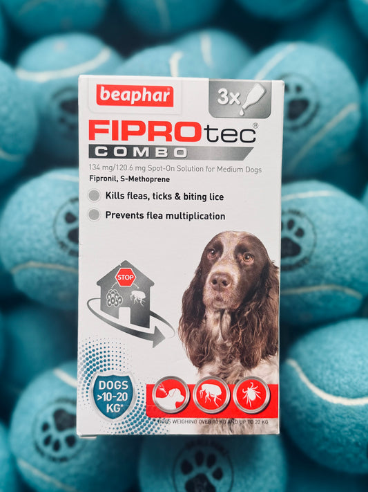 Packaging of Fiprotec Combo for medium dogs showing the product name, a picture of a dog, and the weight range of 10-20kg.