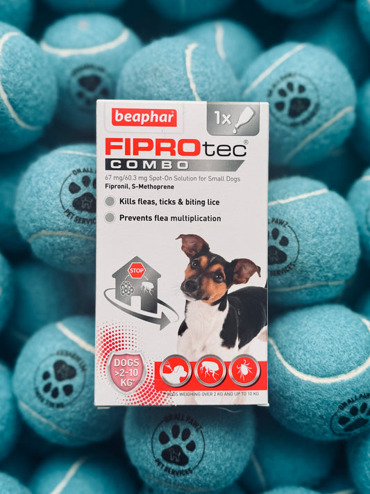 Packaging of Beaphar Fiprotec Combo for small dogs, featuring a pipette for flea and tick prevention, set against a background of dog toys.