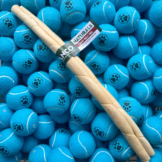 Two wooden tennis bat handles with a Neco brand label on a background of blue tennis balls.