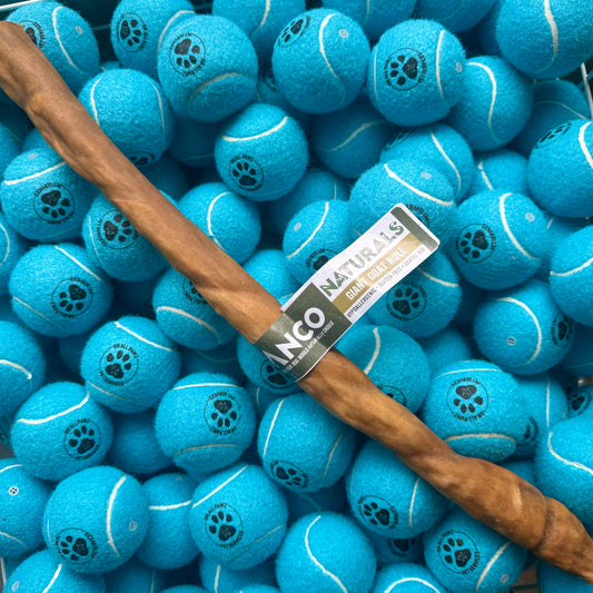 Blue tennis balls with paw prints and a brown dog chew toy on top, with a Nco brand label.
