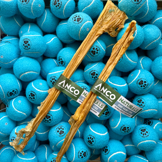 Blue tennis balls with dog chew toys and ANCO Naturals labels on a pile of balls.