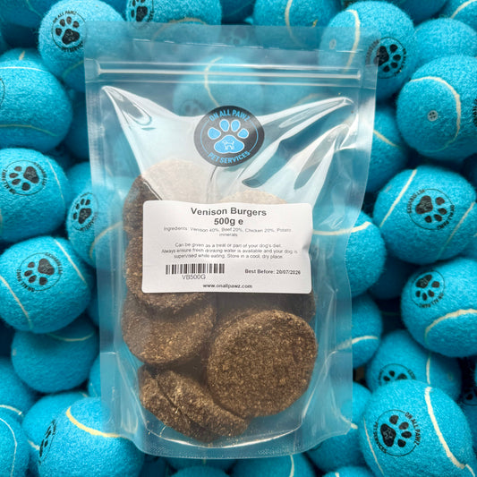 Bag of Venison Burgers with a label on a background of blue tennis balls