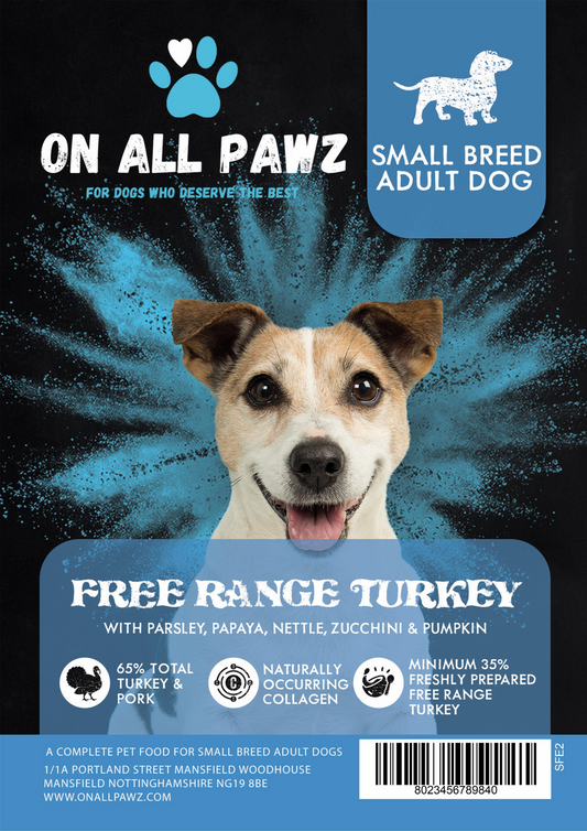 Dog food package for small breed adult dogs with a blue and black design featuring a dog's face.