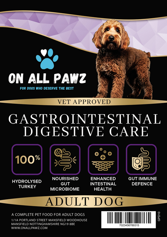 Dog food package for gastrointestinal digestive care with a dog on the label