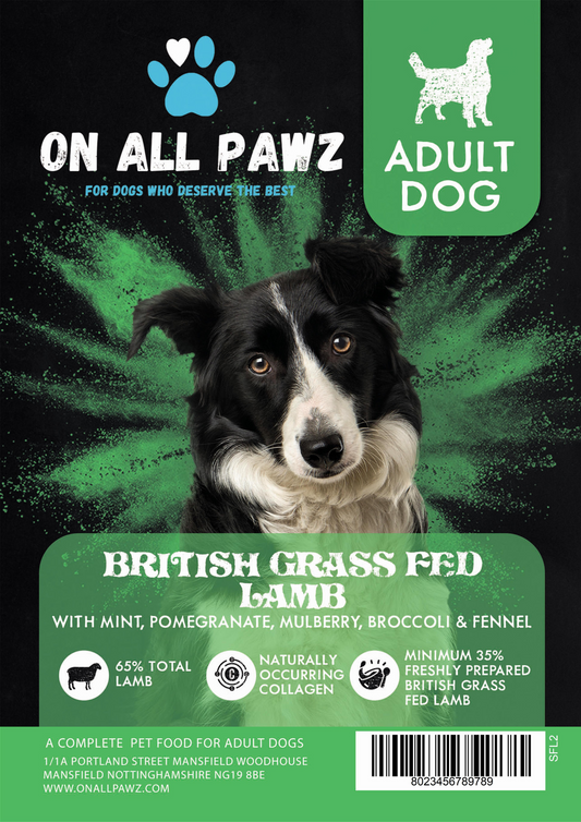 Dog food package for adult dogs with a black and white dog on a green and black background.