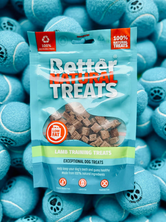 Better Natural Treats package on a background of blue dog balls